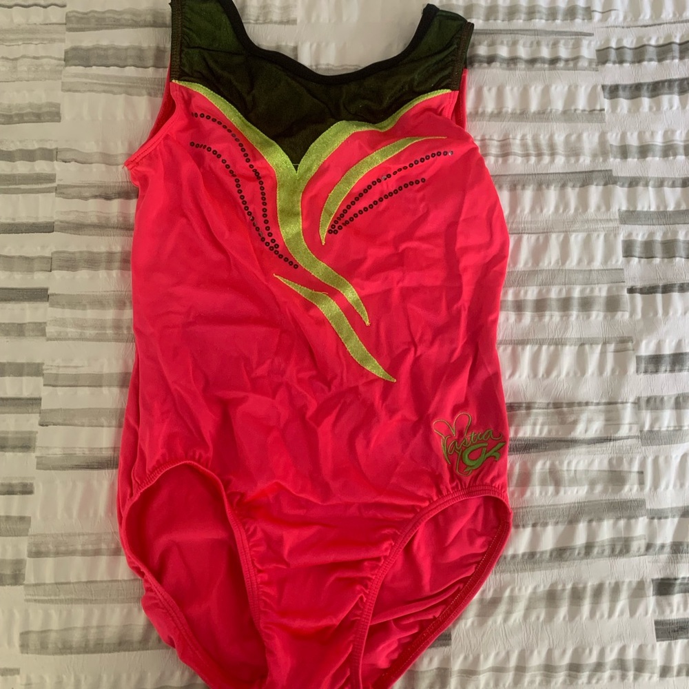 Pink, yellow and forest green GK leotard in size Adult Large (AL)